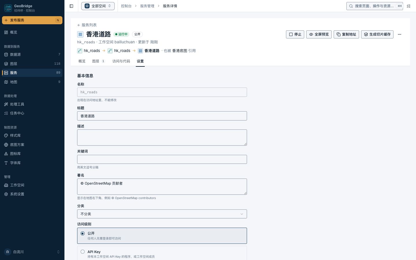 服务详情的设置页签，含访问级别选项